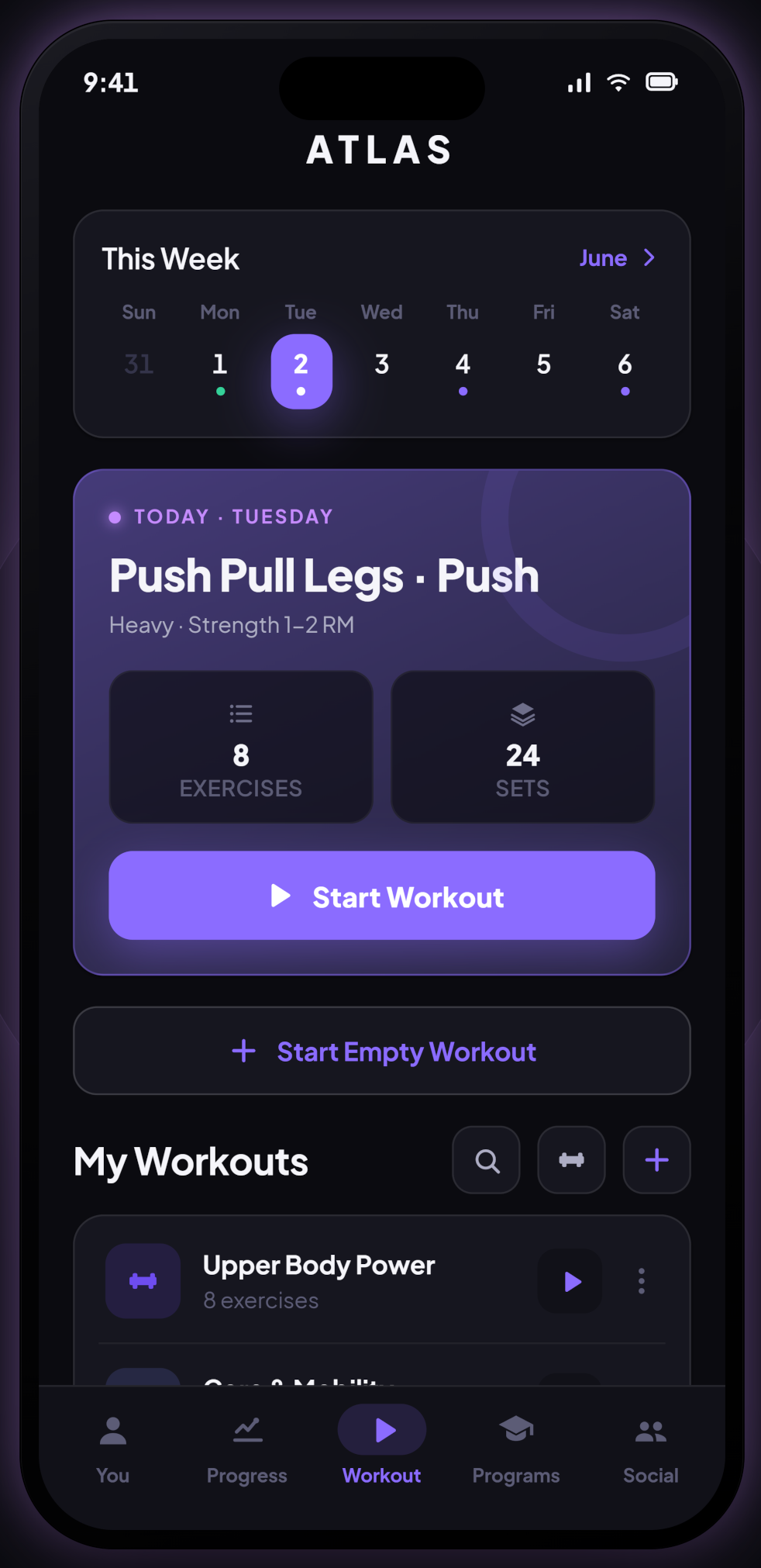 ATLAS app — your week and today's session, ready in one tap