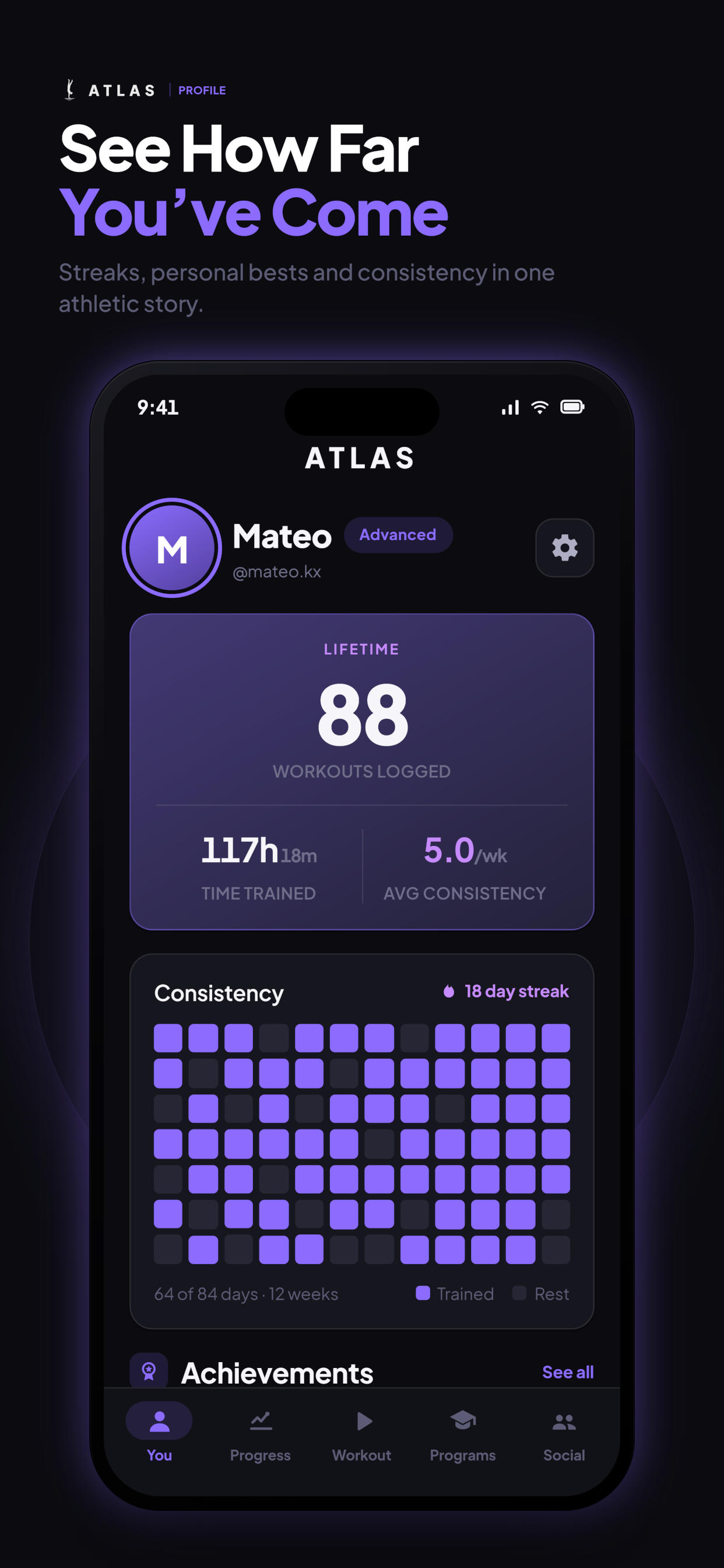 ATLAS profile screen — streaks, personal bests and consistency