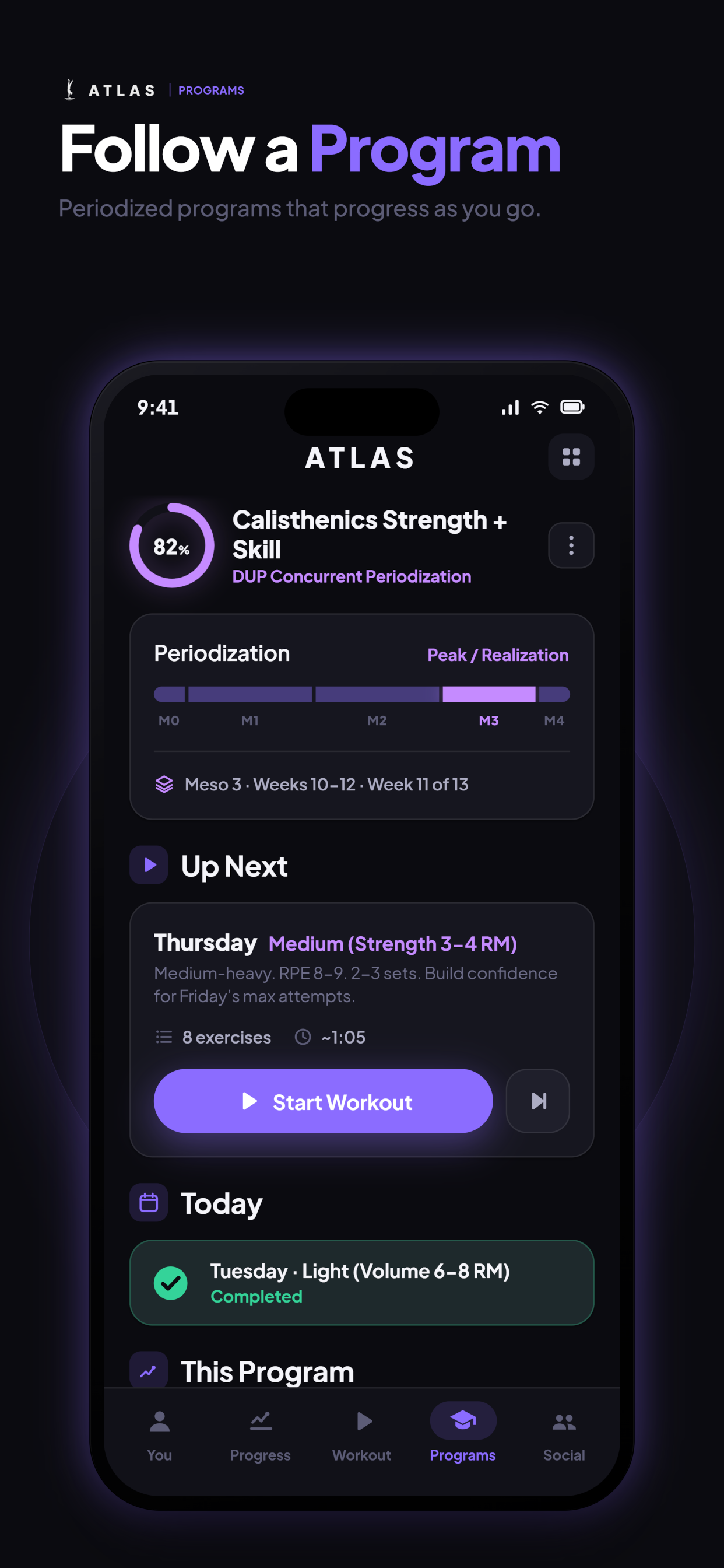 ATLAS programs screen — follow a periodized training program
