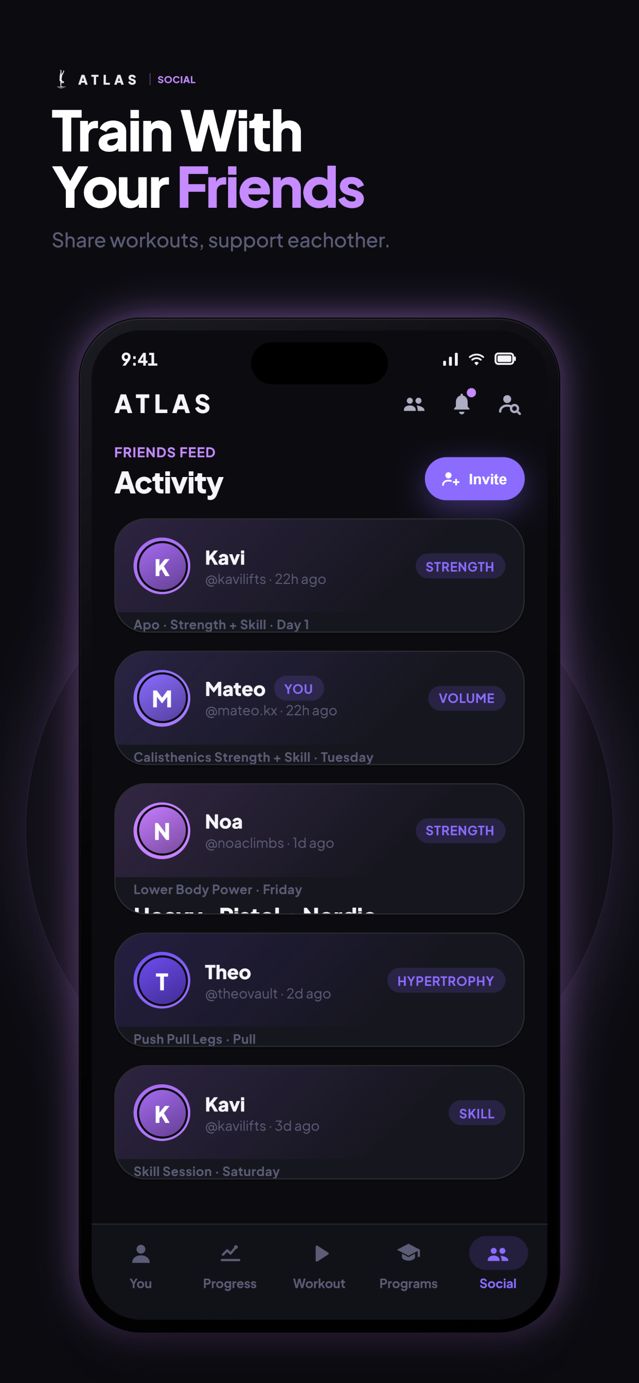 ATLAS social screen — train with your crew and share workouts
