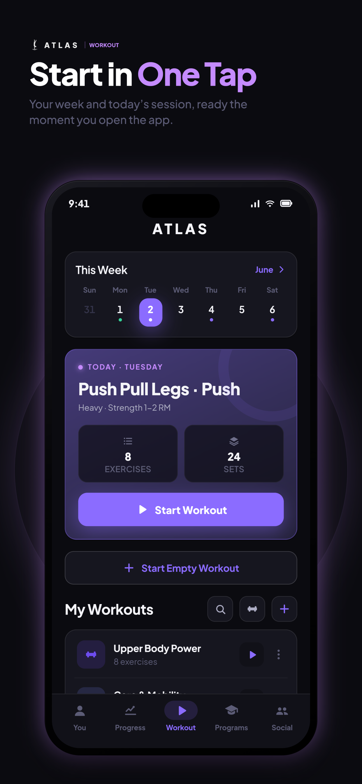 ATLAS workout screen — start today's session in one tap